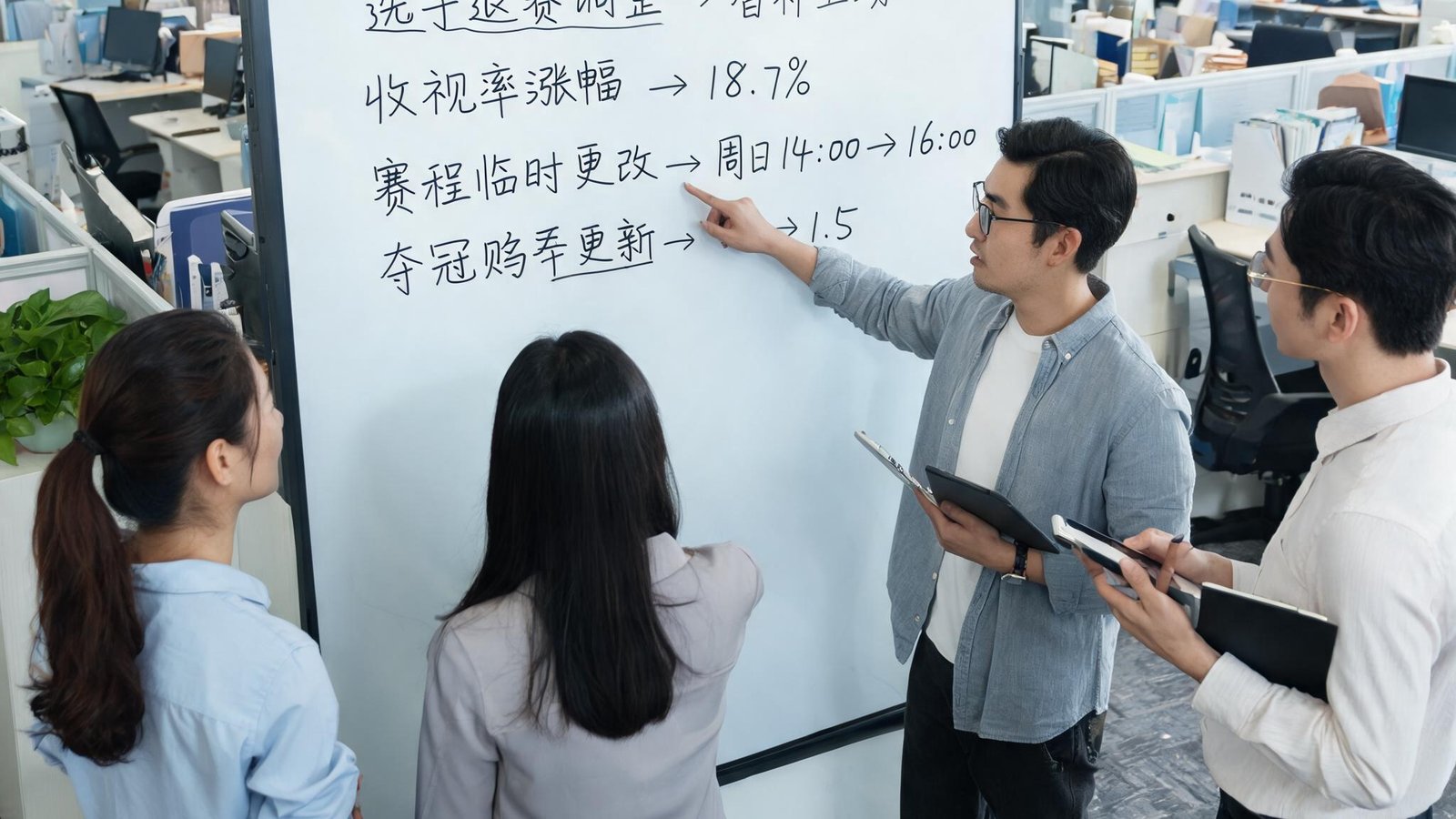华体会团队在开放式办公室讨论赛事数据，白板上写满关键变动标签
